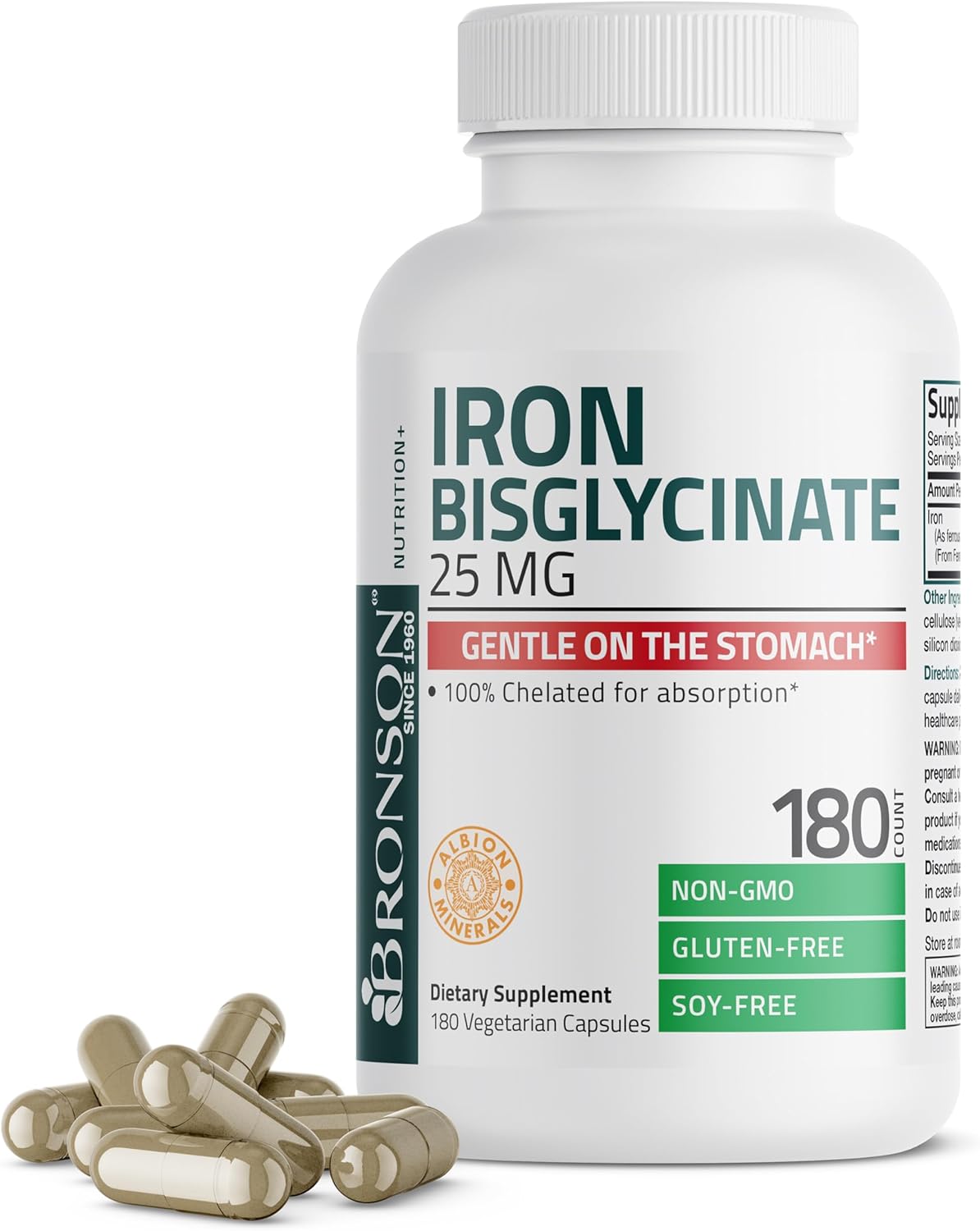 Bronson Iron Bisglycinate 25 mg Vegetarian Capsules for Gentle Stomach Support and Energy Boost