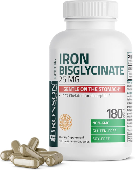 Bronson Iron Bisglycinate 25 mg Vegetarian Capsules for Gentle Stomach Support and Energy Boost