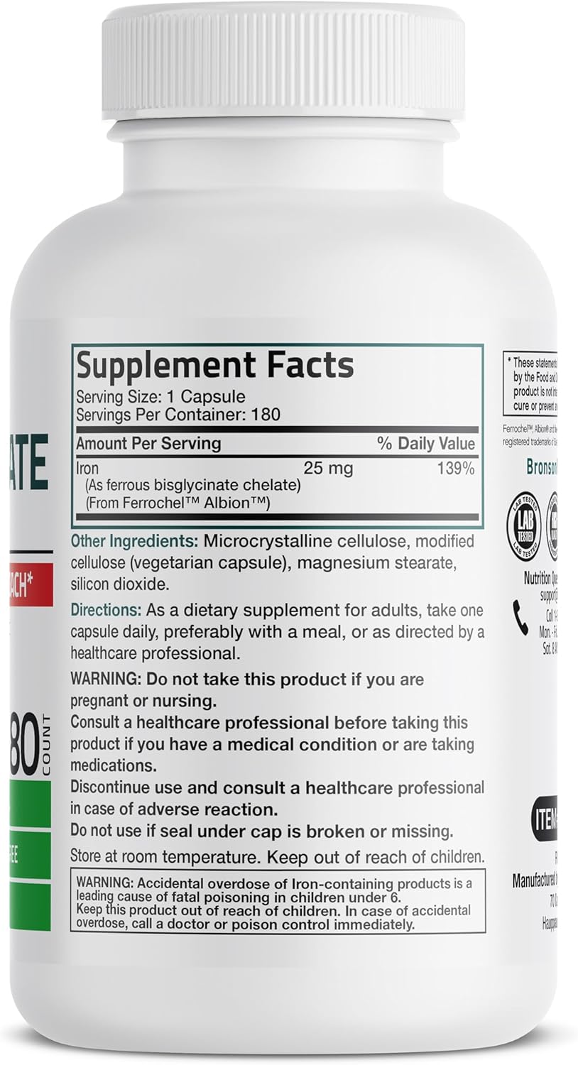 Bronson Iron Bisglycinate 25 mg Vegetarian Capsules for Gentle Stomach Support and Energy Boost