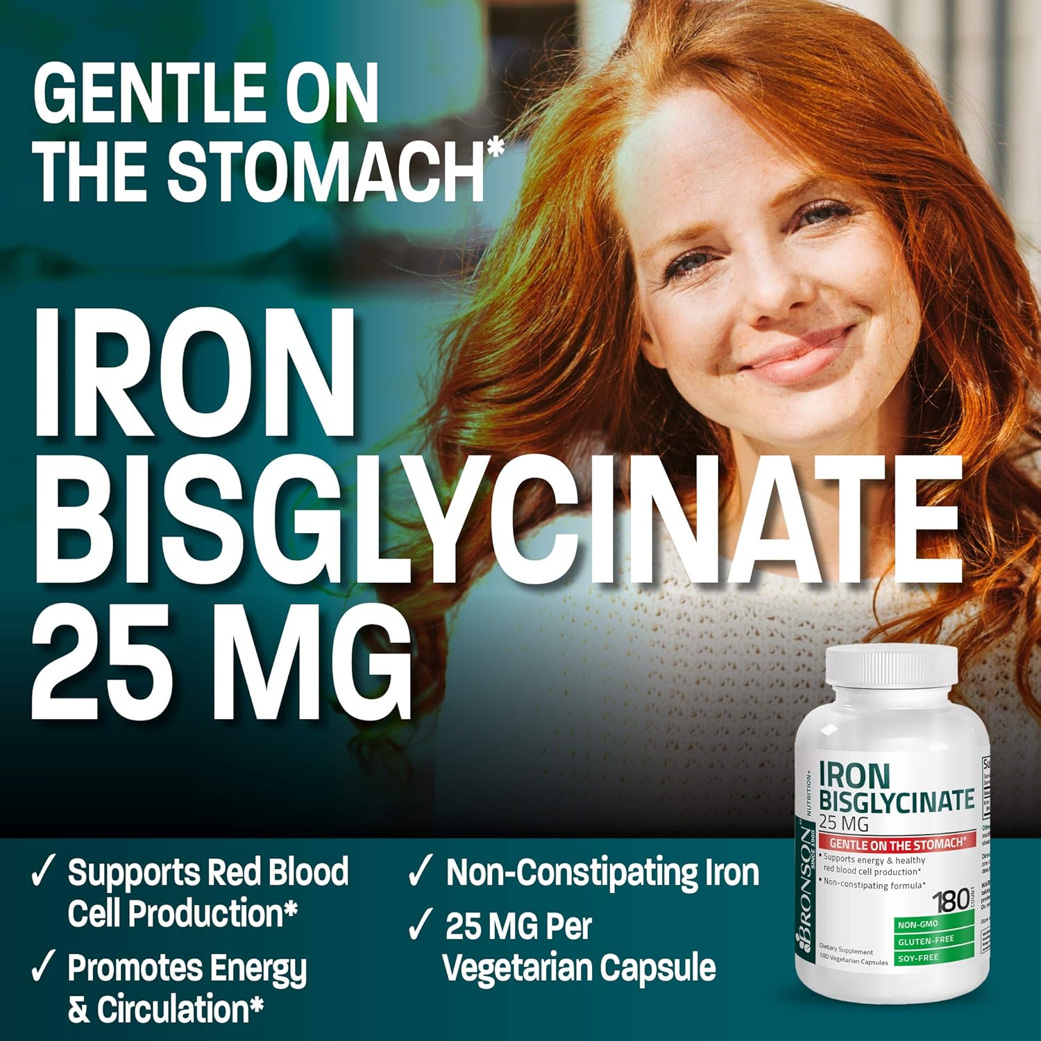 Bronson Iron Bisglycinate 25 mg Vegetarian Capsules for Gentle Stomach Support and Energy Boost