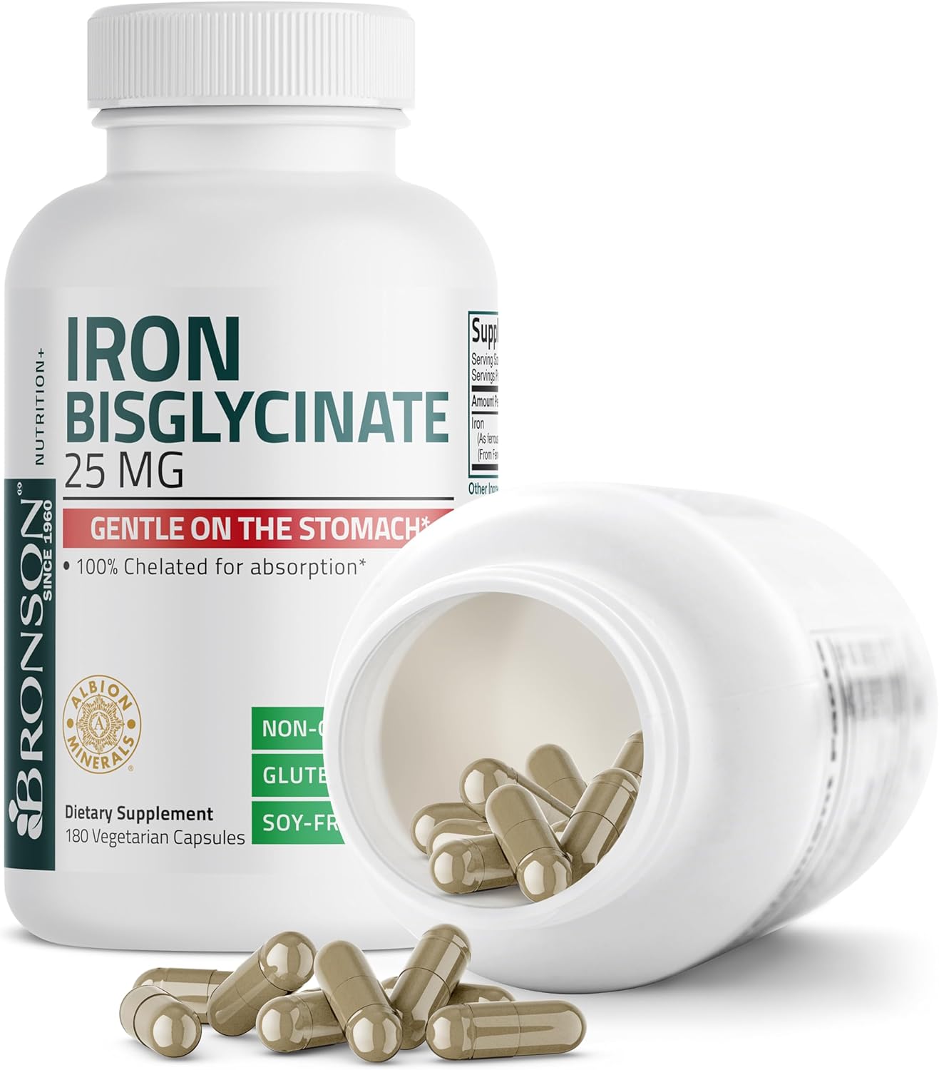 Bronson Iron Bisglycinate 25 mg Vegetarian Capsules for Gentle Stomach Support and Energy Boost