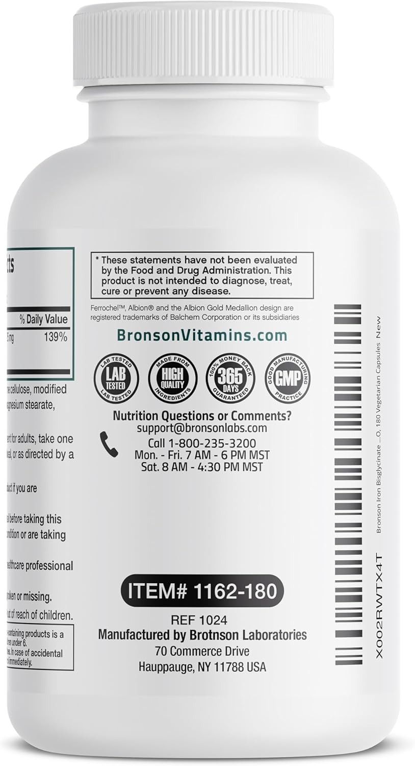 Bronson Iron Bisglycinate 25 mg Vegetarian Capsules for Gentle Stomach Support and Energy Boost