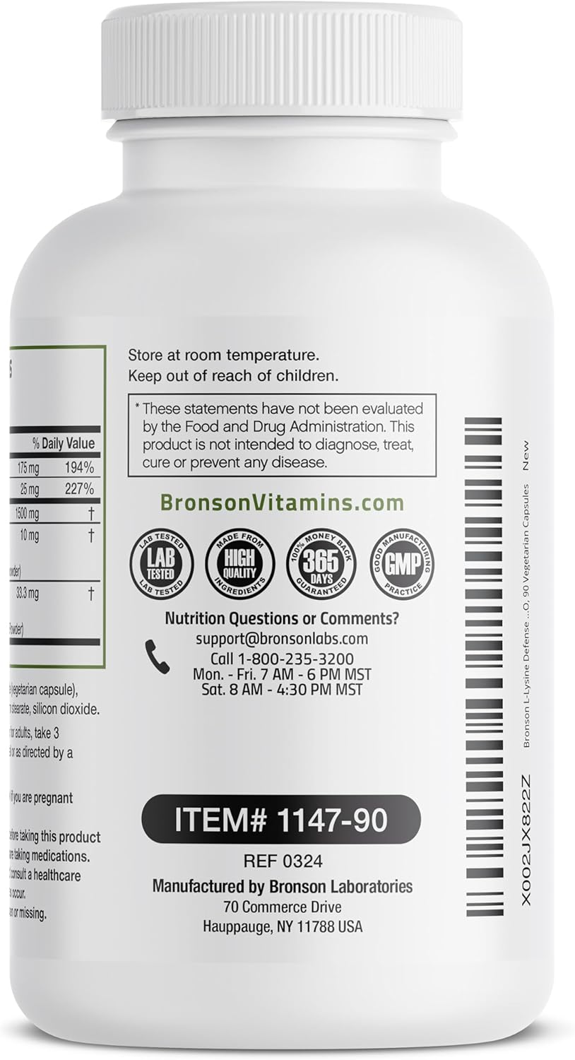 Bronson L-Lysine Defense Complex - Immune Support Supplement with Olive Leaf, Garlic, Vitamin C, Zinc - Non-GMO, 90 Capsules
