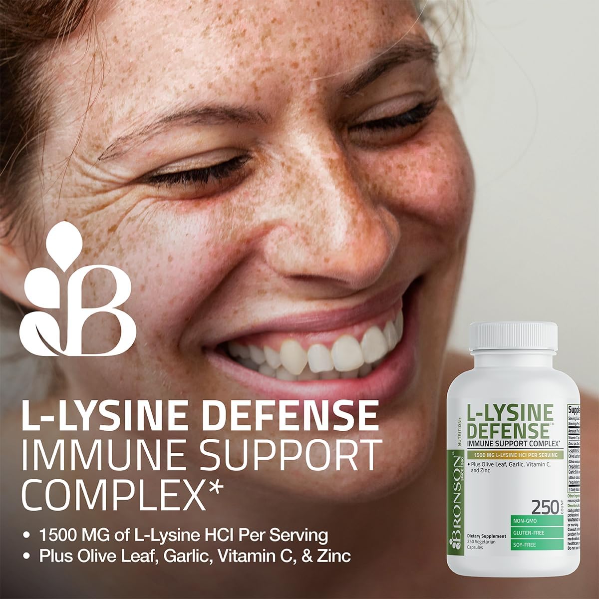 Bronson L-Lysine Defense Immune Support Complex - 1500 MG with Olive Leaf, Garlic, Vitamin C, Zinc - Non-GMO, 250 Capsules