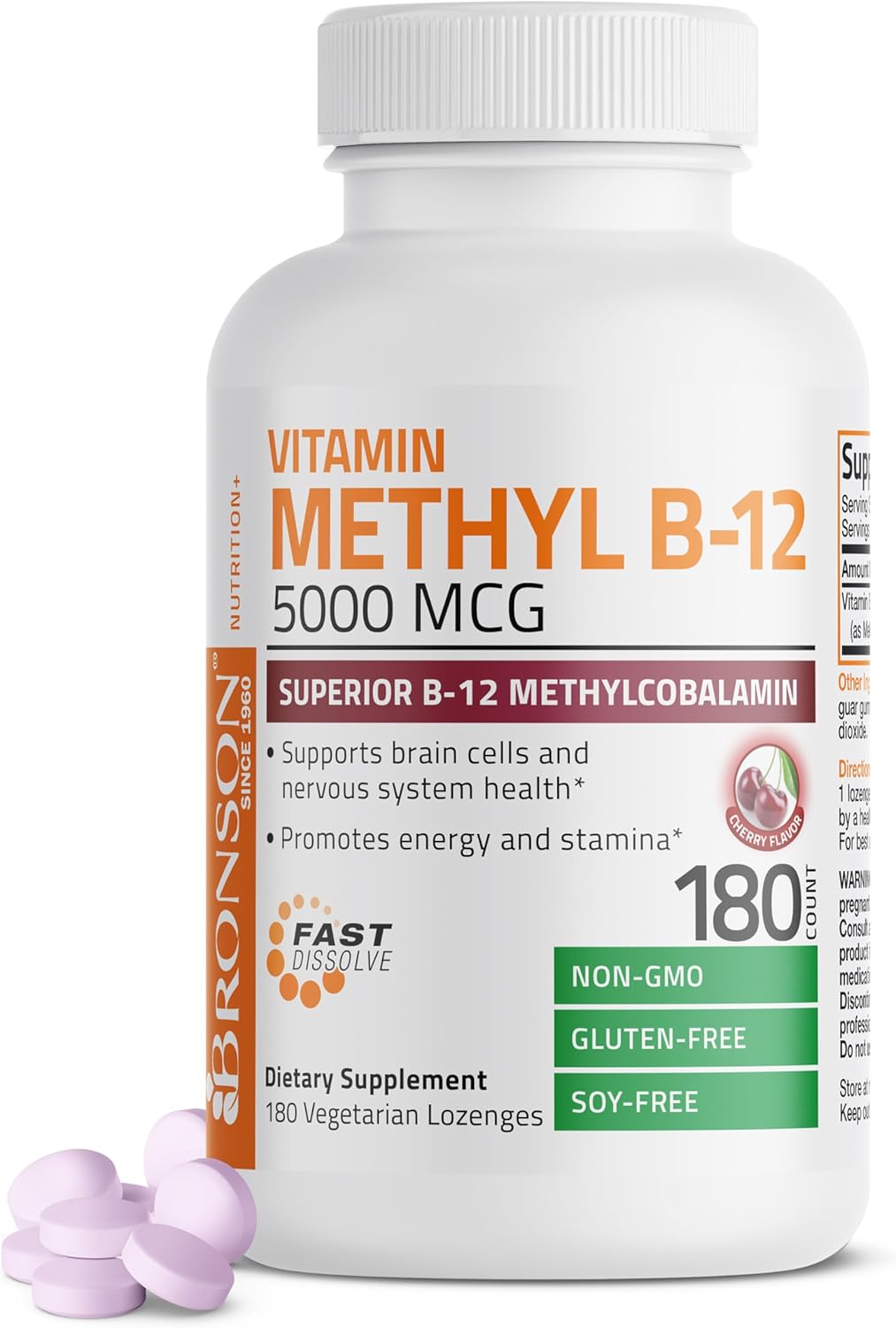 Bronson Methylcobalamin 5000 mcg Vitamin B12 Lozenges for Energy and Brain Support - 180 Count