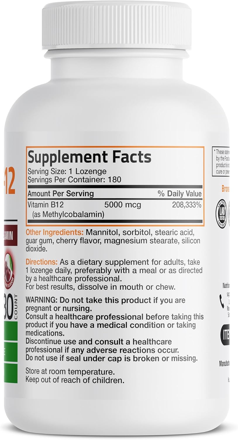 Bronson Methylcobalamin 5000 mcg Vitamin B12 Lozenges for Energy and Brain Support - 180 Count