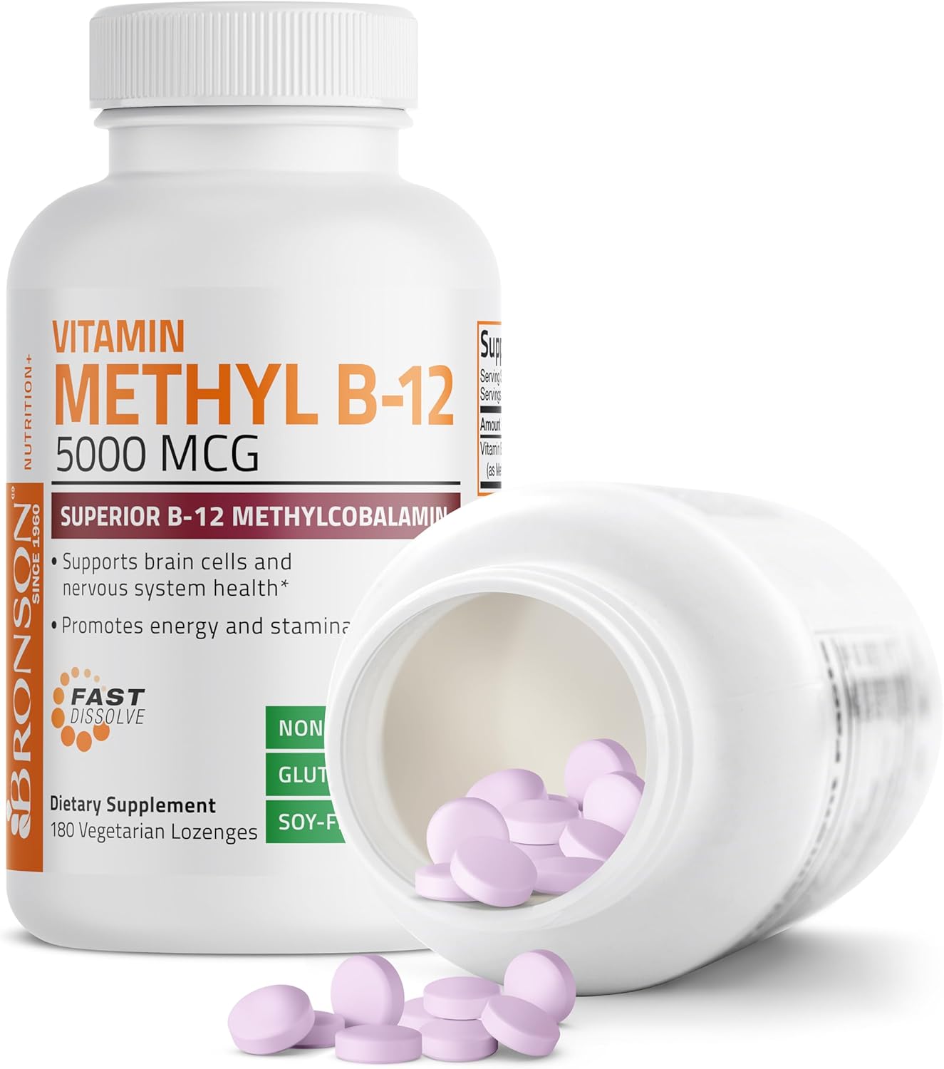 Bronson Methylcobalamin 5000 mcg Vitamin B12 Lozenges for Energy and Brain Support - 180 Count