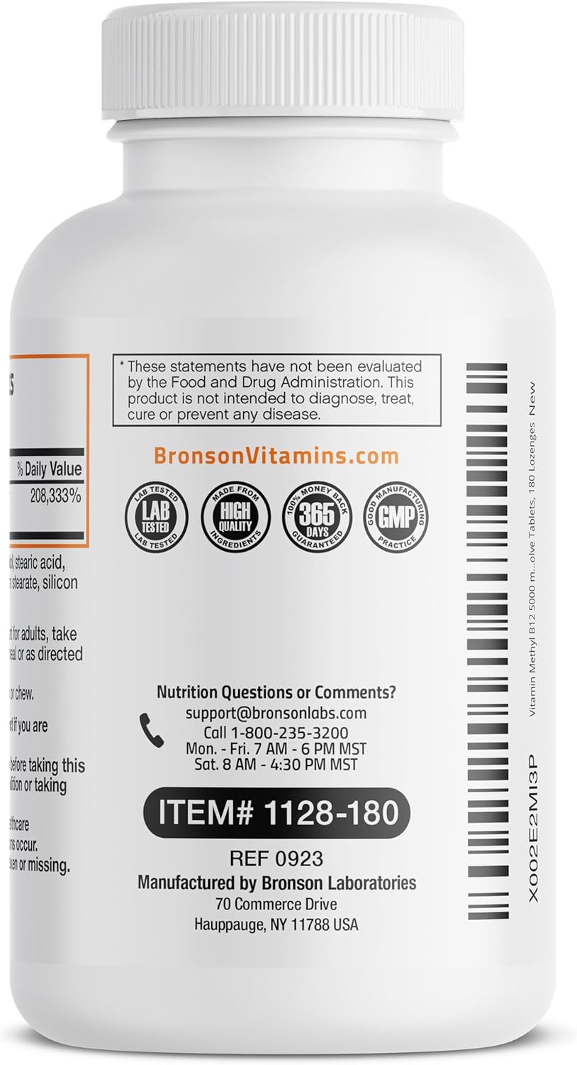 Bronson Methylcobalamin 5000 mcg Vitamin B12 Lozenges for Energy and Brain Support - 180 Count