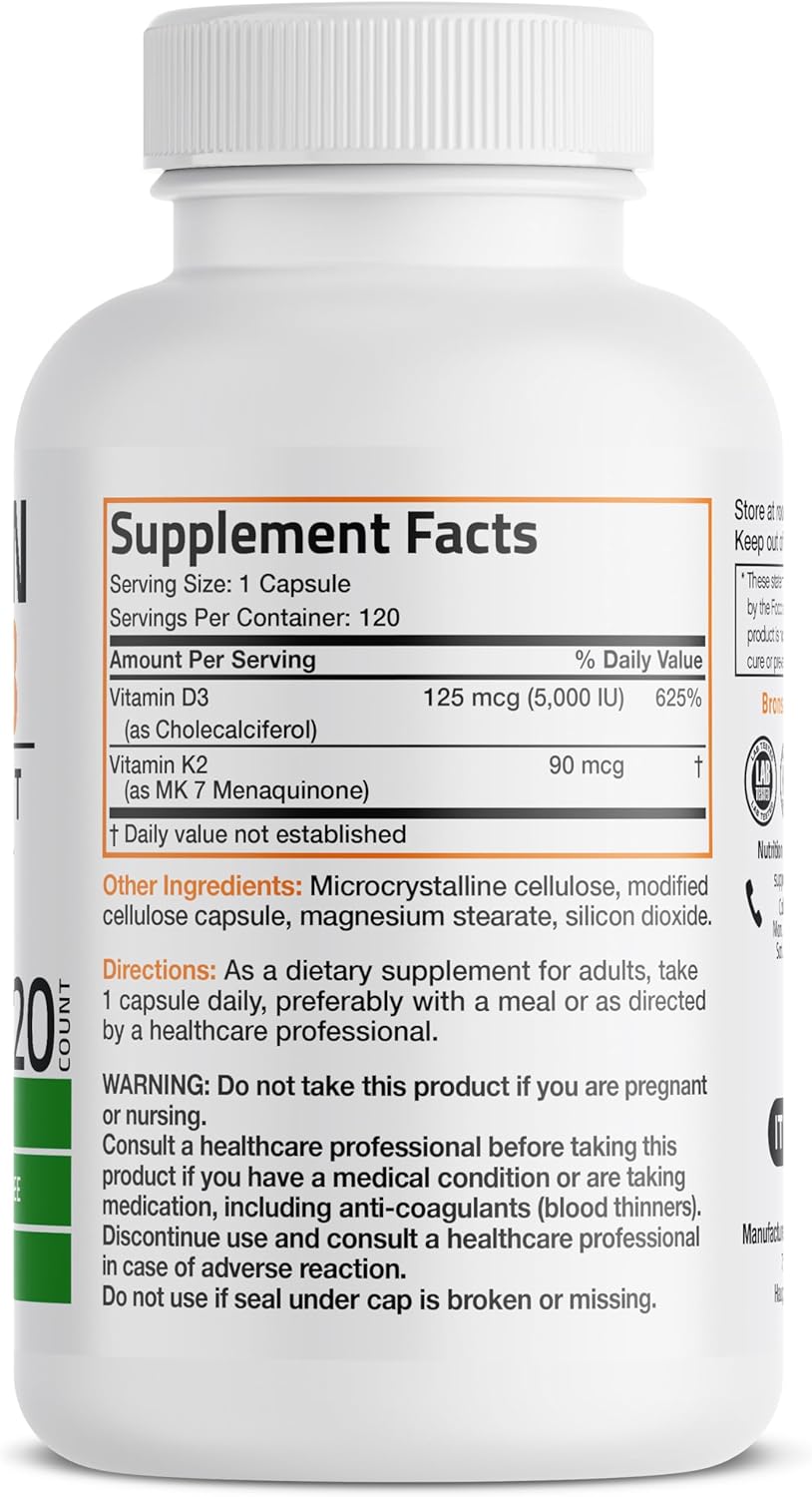 Bronson Non-GMO Vitamin D3 & K2 MK-7 Supplement, 5000 IU D3 & 90 mcg K2, 120 Capsules, Easy to Swallow Formula