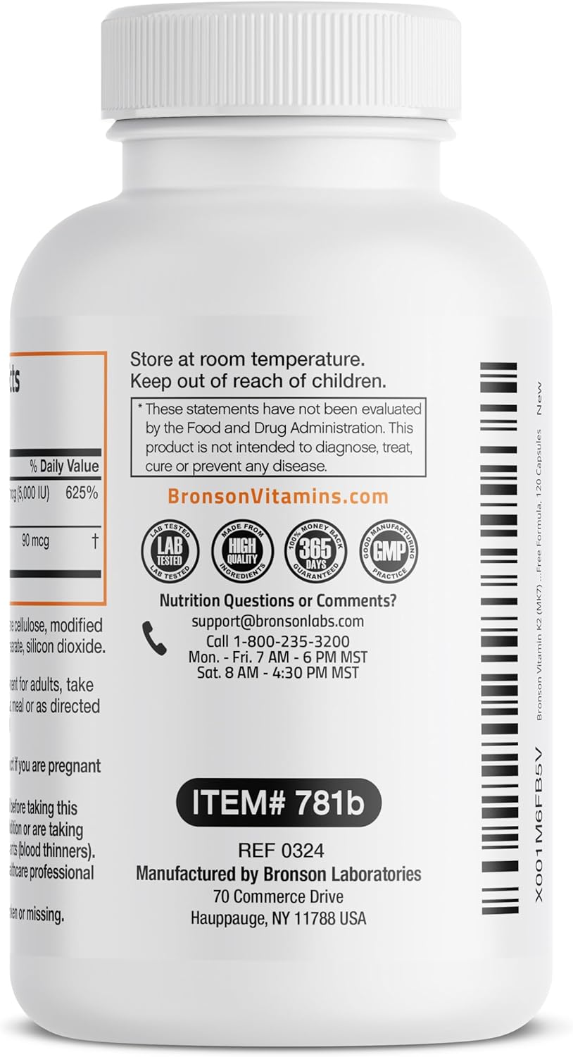 Bronson Non-GMO Vitamin D3 & K2 MK-7 Supplement, 5000 IU D3 & 90 mcg K2, 120 Capsules, Easy to Swallow Formula
