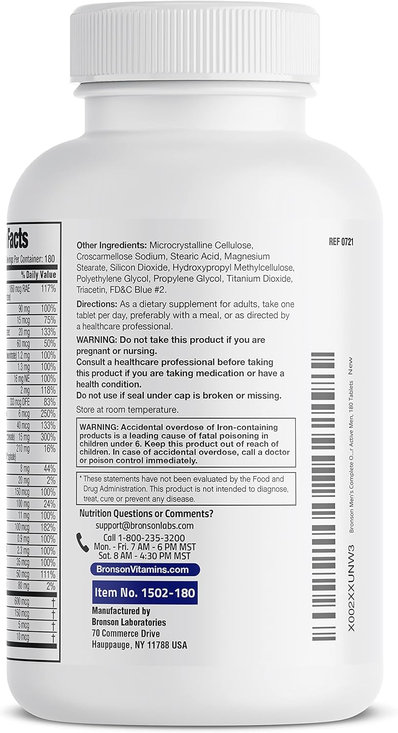 Bronson ONE Daily Men’s Complete Multivitamin Multimineral for Active Men - 180 Tablets