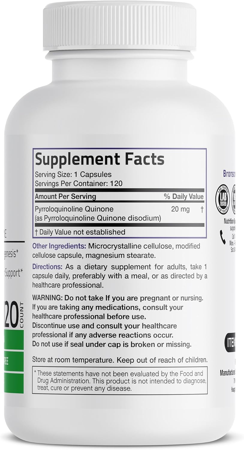 Bronson PQQ Vitality Supplement 20mg - Promotes Mitochondrial Biogenesis - Non-GMO, 120 Vegetarian Capsules