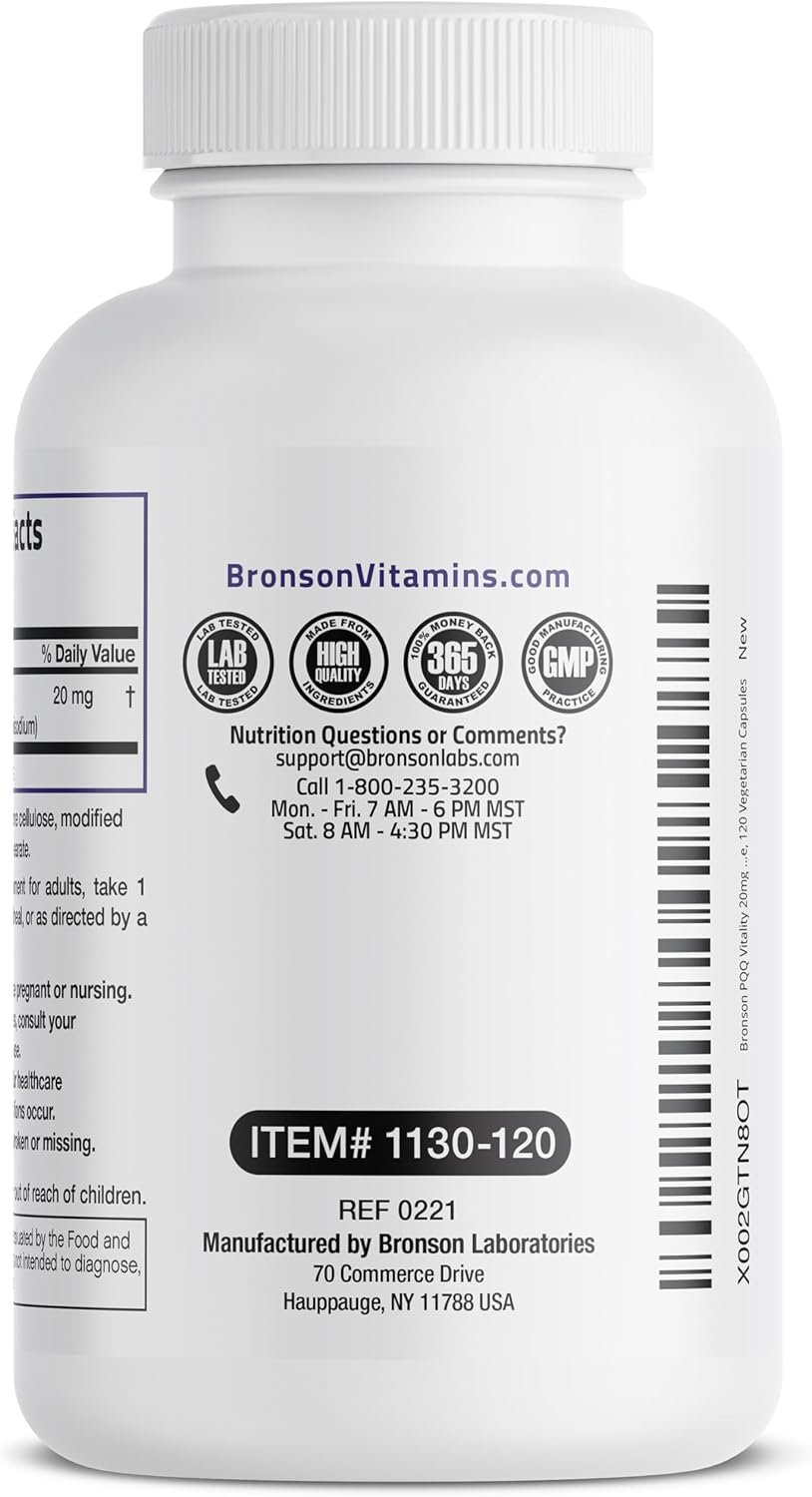 Bronson PQQ Vitality Supplement 20mg - Promotes Mitochondrial Biogenesis - Non-GMO, 120 Vegetarian Capsules
