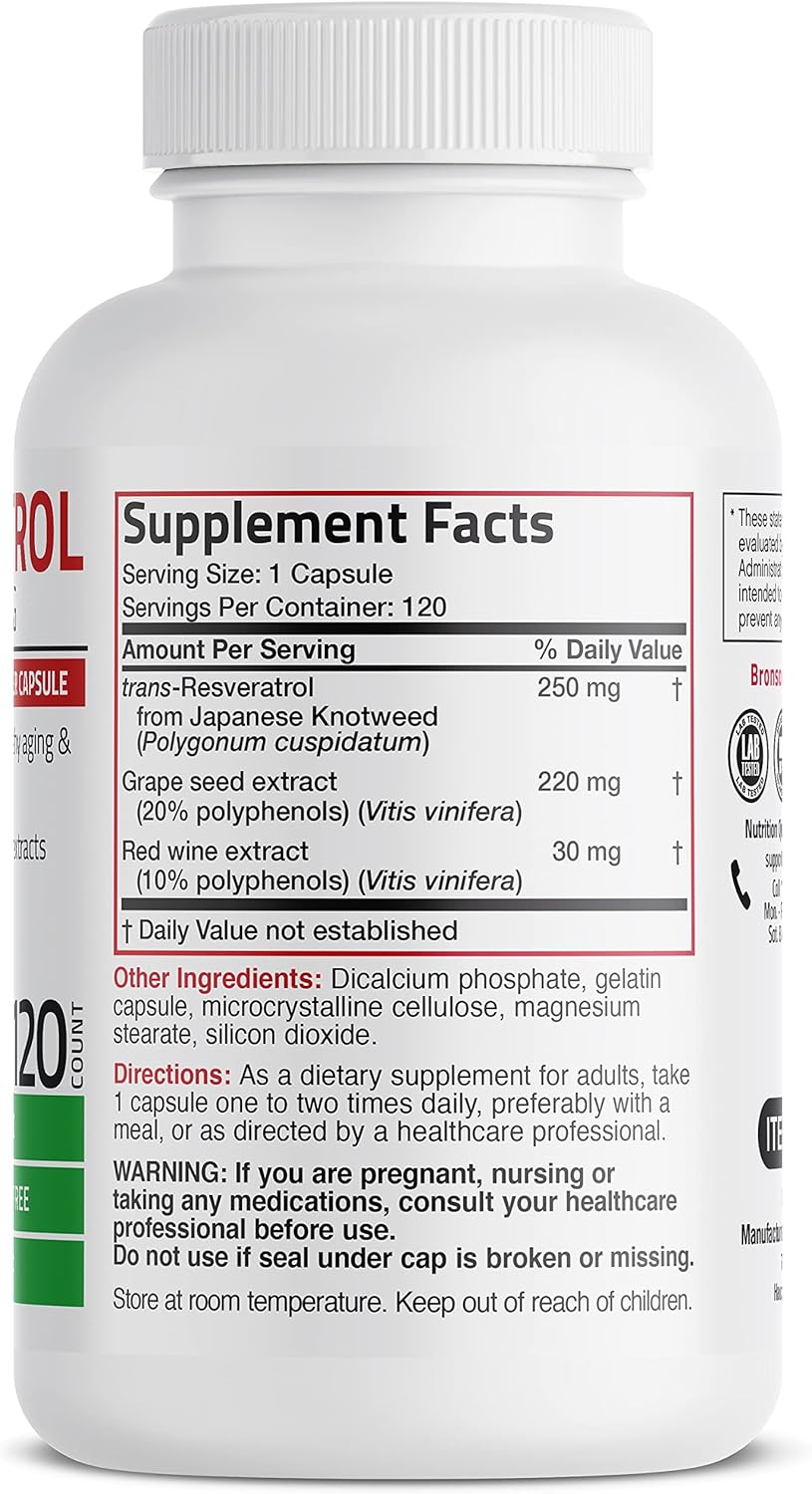 Bronson Resveratrol 500 Complex with Grape Seed & Red Wine Extract - 120 Capsules