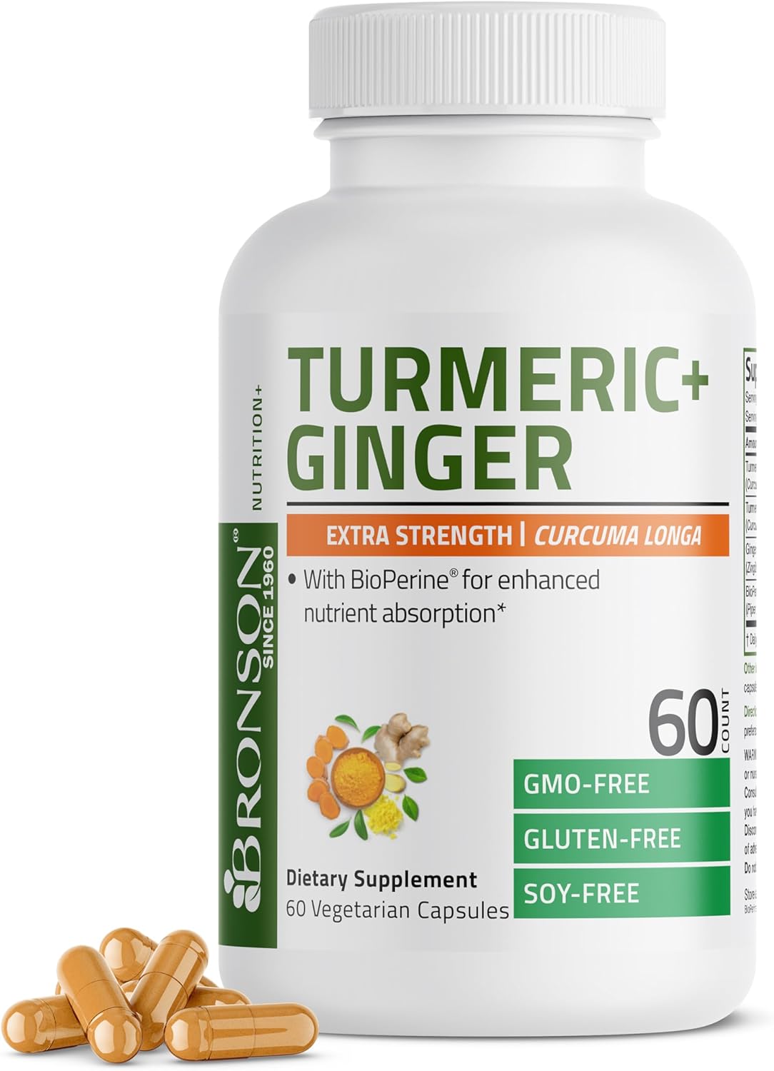 Bronson Turmeric & Ginger Extra Strength Capsules with BioPerine - Joint Health & Digestion Support, Non-GMO, 60 Vegetarian Capsules