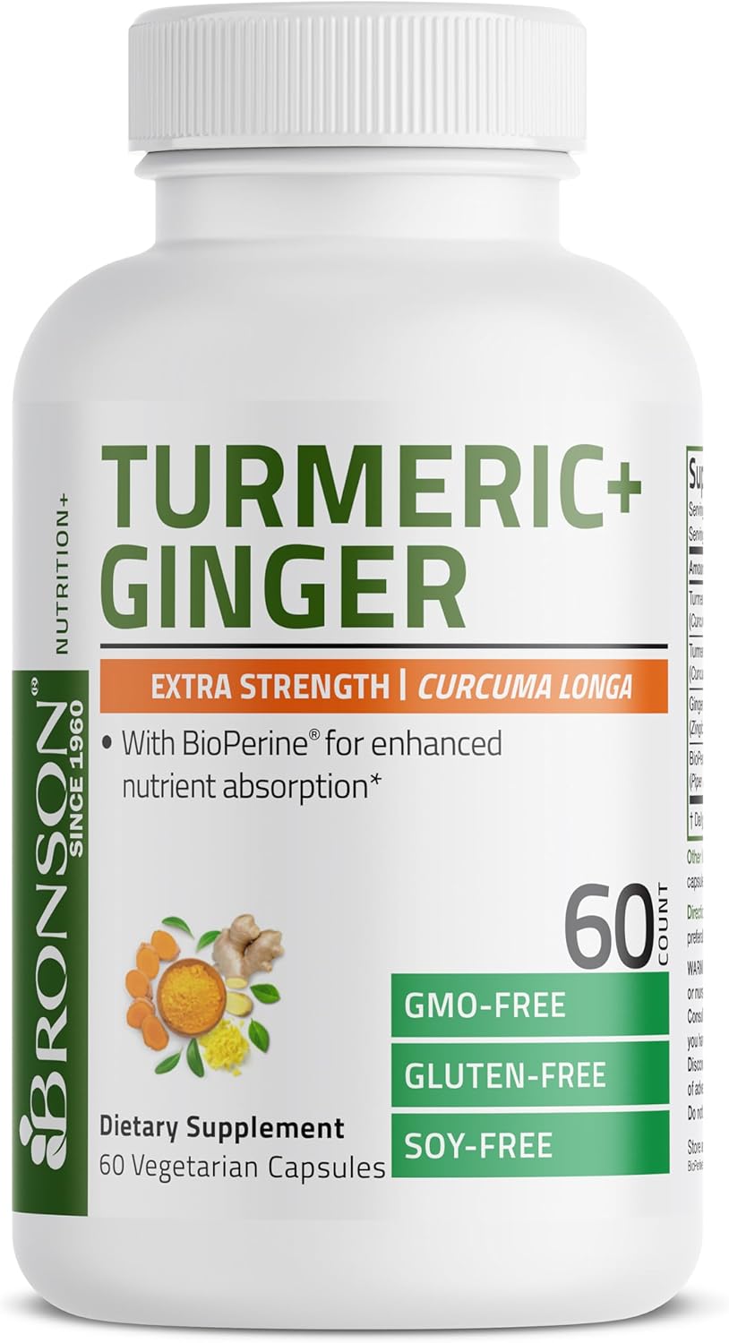 Bronson Turmeric & Ginger Extra Strength Capsules with BioPerine - Joint Health & Digestion Support, Non-GMO, 60 Vegetarian Capsules
