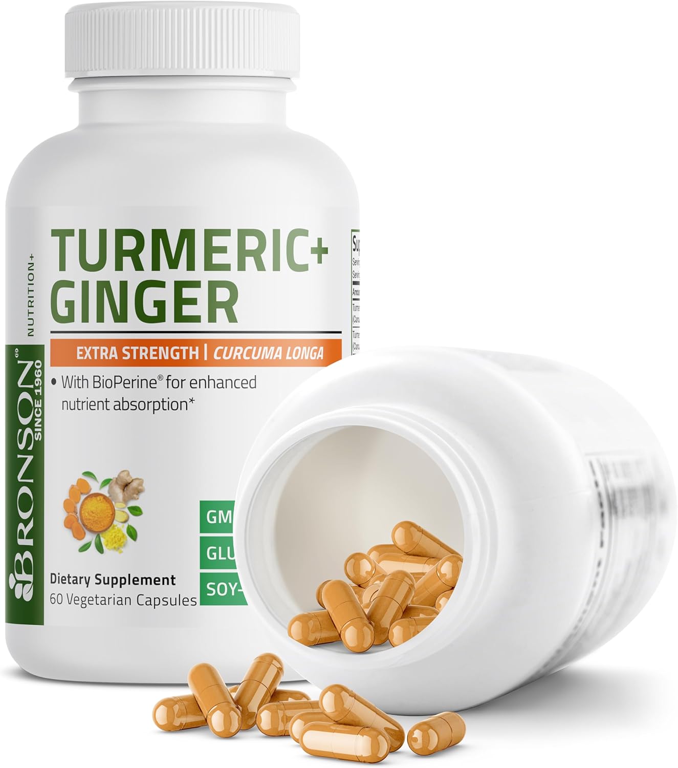Bronson Turmeric & Ginger Extra Strength Capsules with BioPerine - Joint Health & Digestion Support, Non-GMO, 60 Vegetarian Capsules