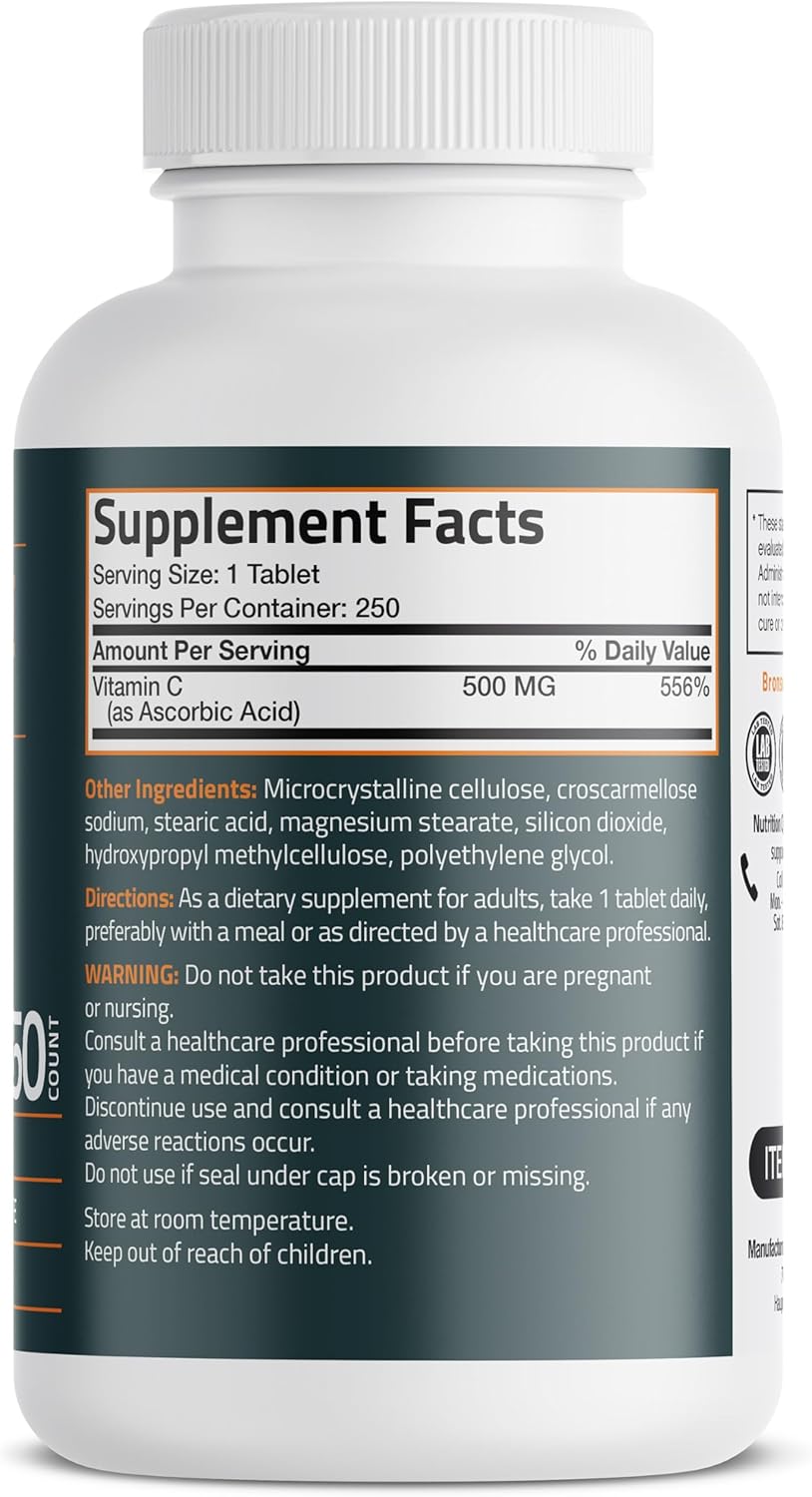 Bronson Vitamin C 500 MG: Boosts Immune Health & Provides Antioxidant Defense, Non-GMO, 250 Veg Tablets