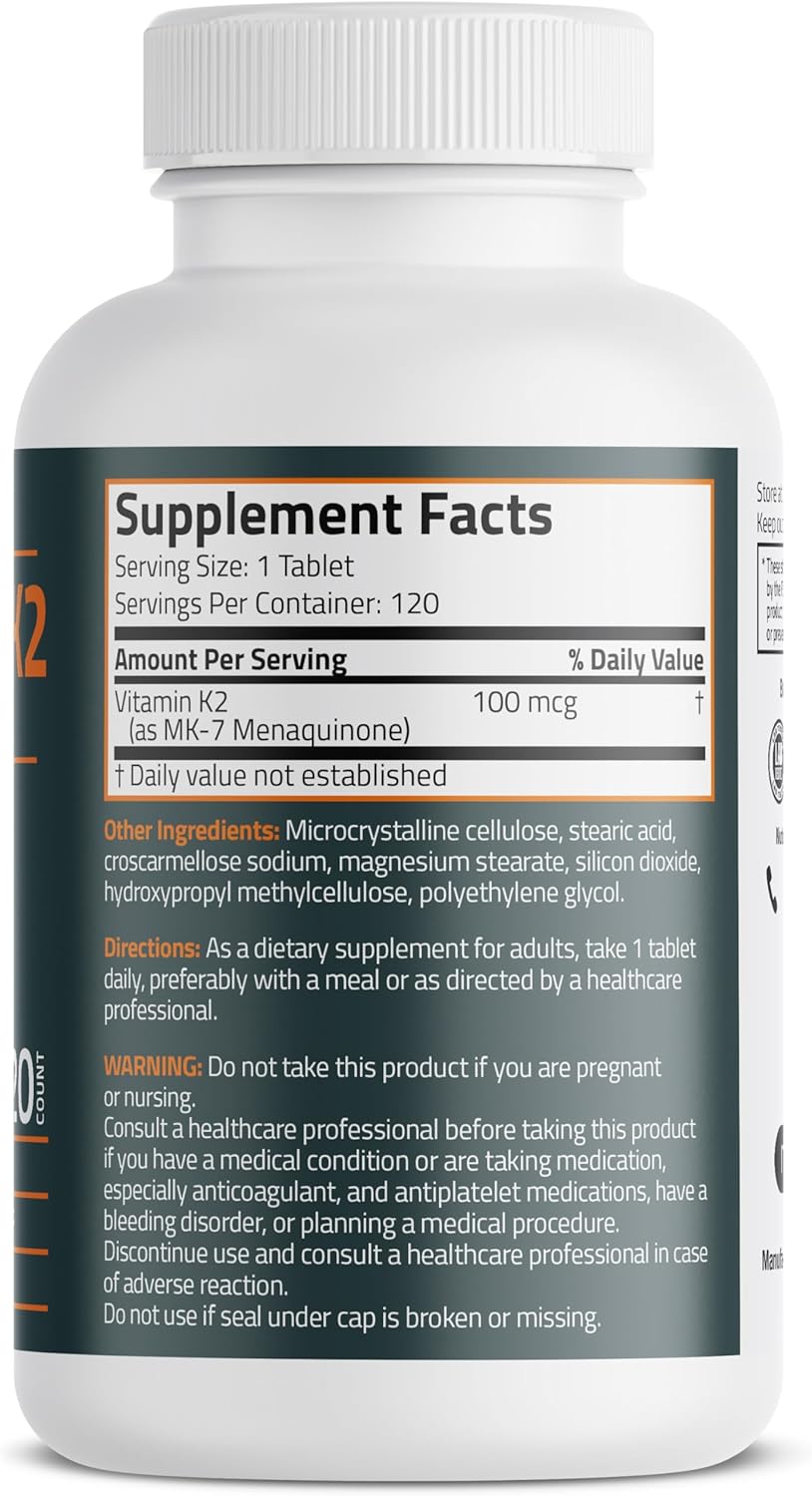Bronson Vitamin K2 MK-7 100 MCG Tablets for Bone Support, Non-GMO Formula - 120 Count