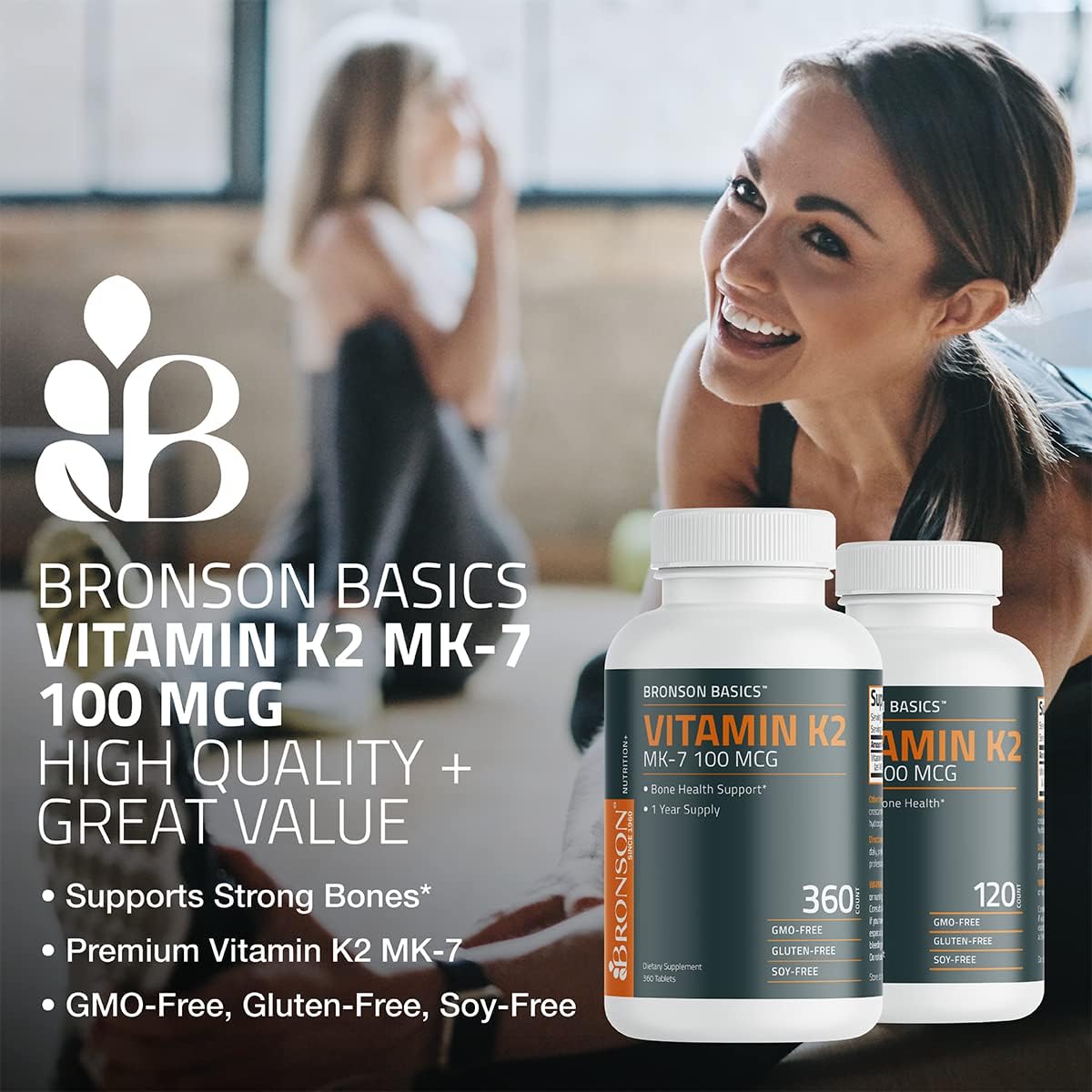 Bronson Vitamin K2 MK-7 100 MCG Tablets for Bone Support, Non-GMO Formula - 120 Count
