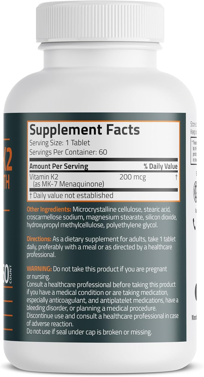 Bronson Vitamin K2 MK-7 200mcg Extra Strength Vegetarian Tablets - 60 Count