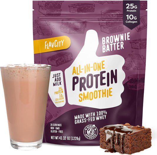 Brownie Batter FlavCity All-in-One Protein Powder Smoothie - Grass-Fed Whey Protein with 25g Protein & 10g Collagen - Gluten-Free Workout Drink - 20 Servings