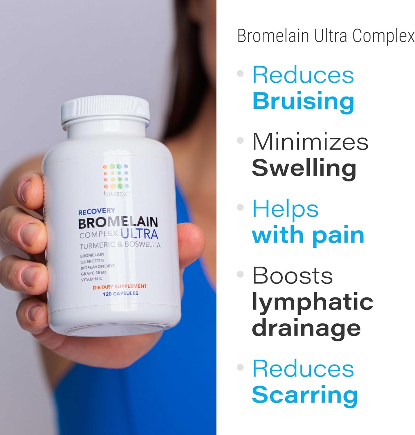 Bruizex Ultra Bromelain and Quercetin Supplement for Bruising Relief - 120 Capsules with Turmeric and Boswellia for Swelling and Trauma Recovery