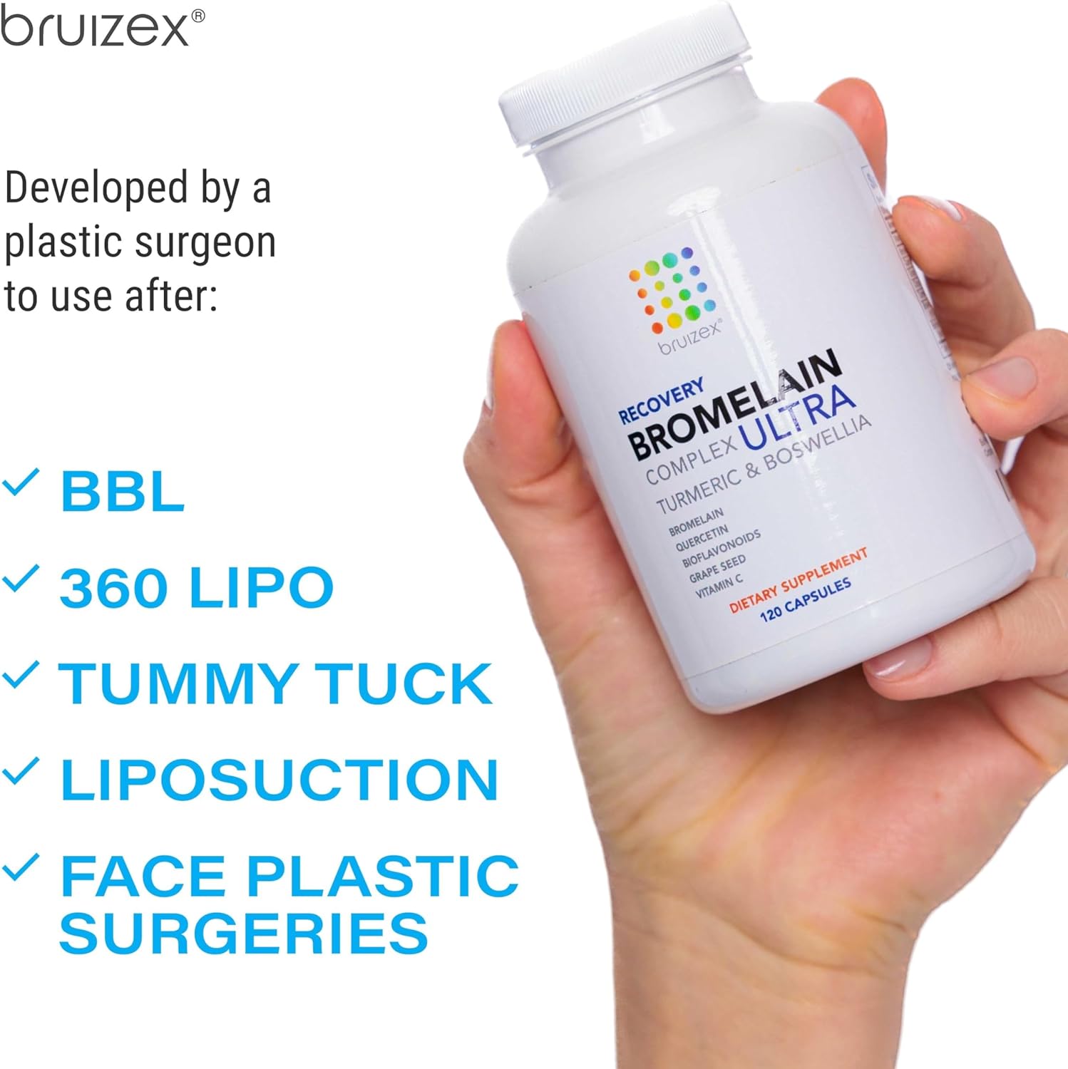 Bruizex Ultra Bromelain and Quercetin Supplement for Bruising Relief - 120 Capsules with Turmeric and Boswellia for Swelling and Trauma Recovery