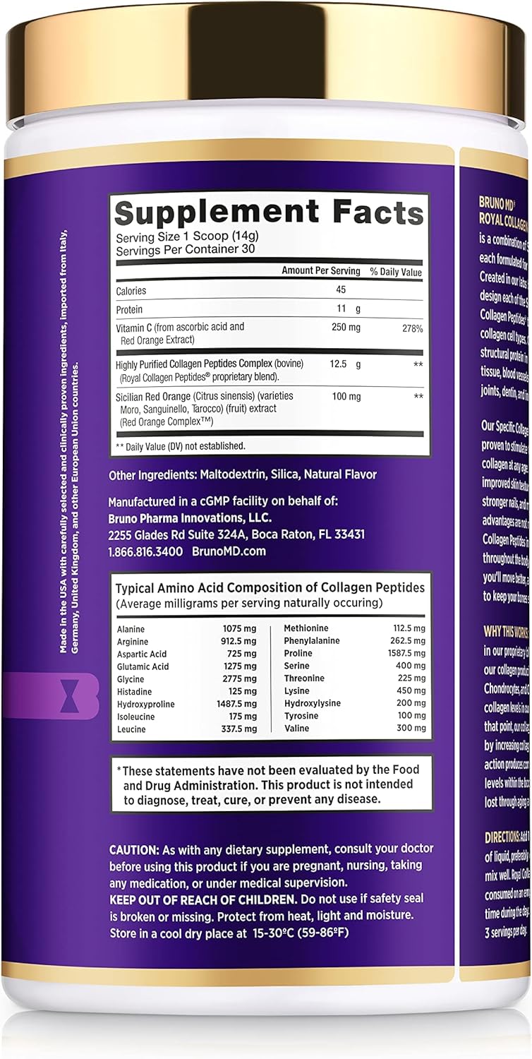 BRUNO MD Royal Collagen Peptides with Vitamin C, Skin & Cellulite Improving Supplement, European Sourced Bone & Joint Support
