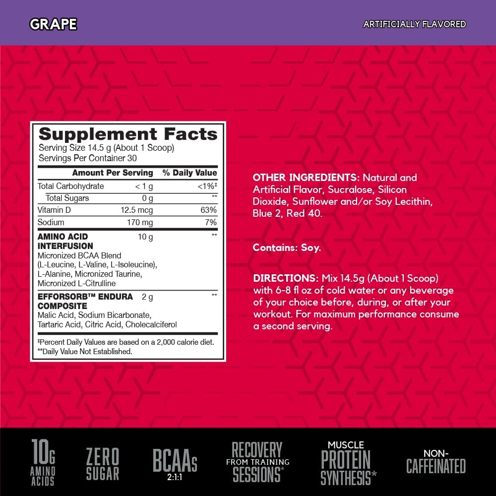BSN Amino X Grape Flavored Powder - 30 Servings, Muscle Recovery & Endurance with BCAAs, 10g Amino Acids, Keto Friendly & Caffeine Free