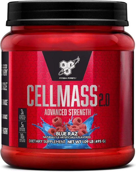 BSN CELLMASS 2.0 Post Workout Recovery - BCAA, Creatine, Glutamine - Keto Friendly - Blue Raz Flavor - 25 Servings
