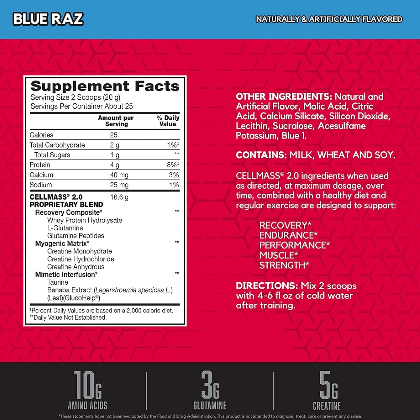 BSN CELLMASS 2.0 Post Workout Recovery - BCAA, Creatine, Glutamine - Keto Friendly - Blue Raz Flavor - 25 Servings