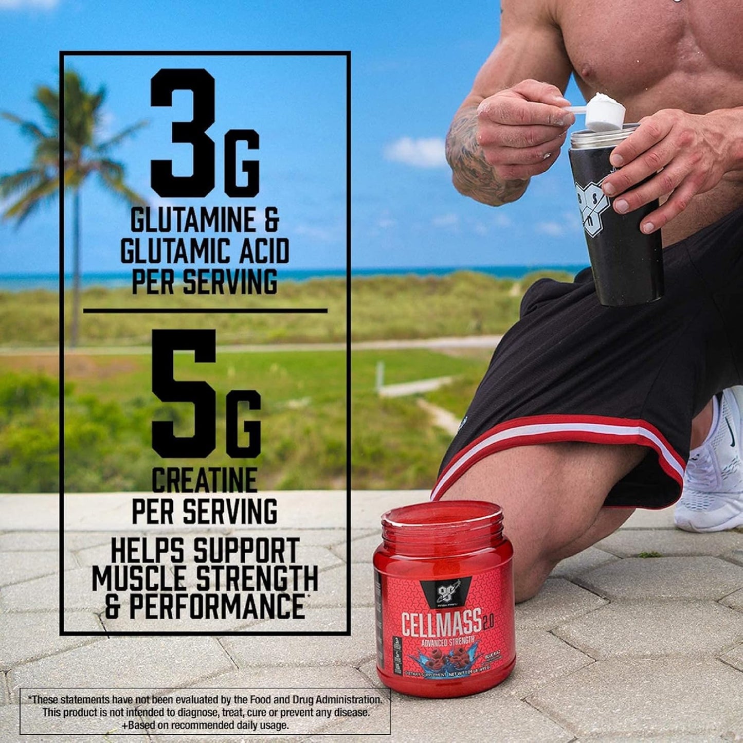 BSN CELLMASS 2.0 Post Workout Recovery - BCAA, Creatine, Glutamine - Keto Friendly - Blue Raz Flavor - 25 Servings