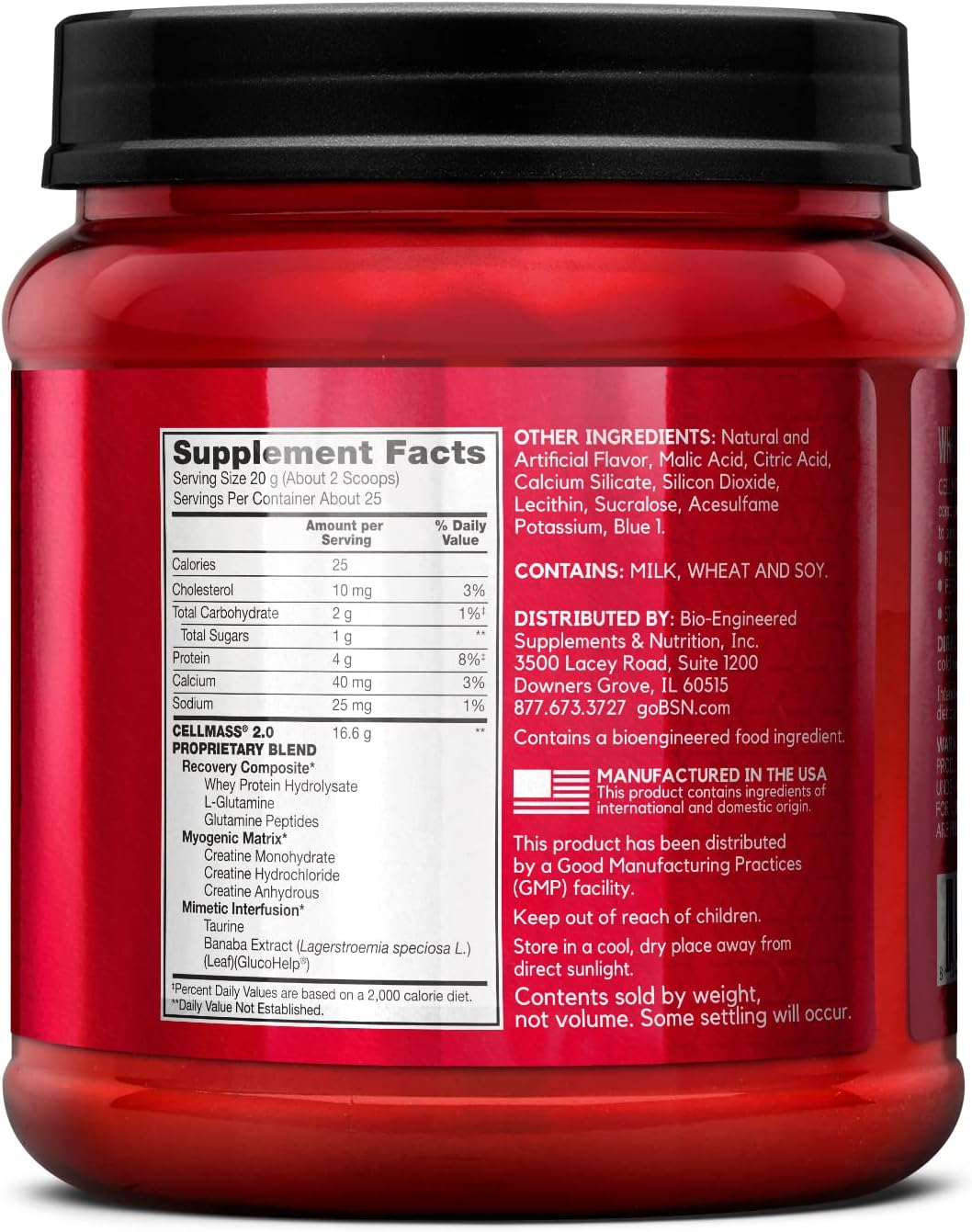 BSN CELLMASS 2.0 Post Workout Recovery - BCAA, Creatine, Glutamine - Keto Friendly - Blue Raz Flavor - 25 Servings