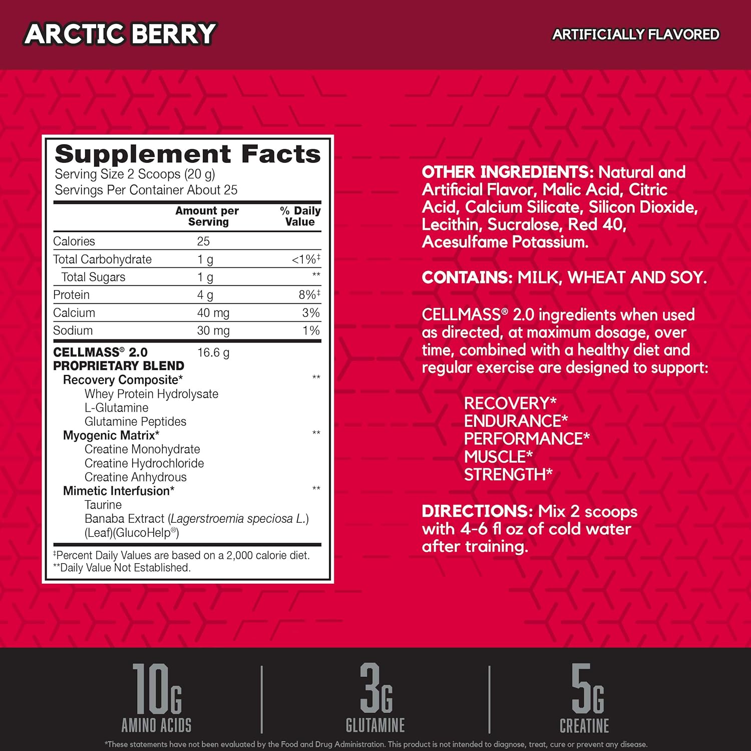 BSN CELLMASS 2.0 Post Workout Recovery Supplement - BCAA, Creatine, Glutamine - Keto Friendly - Arctic Berry Flavor - 25 Servings