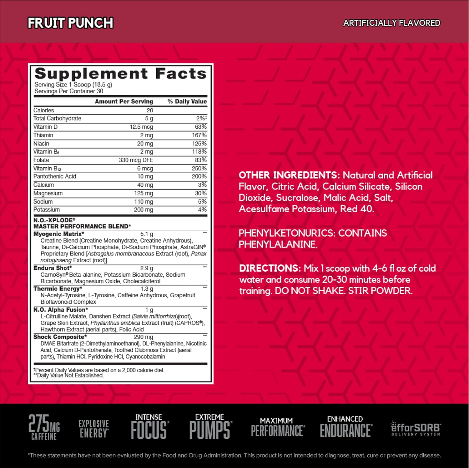 BSN N.O.-XPLODE Pre Workout Powder, Fruit Punch Flavor, 30 Servings - Energy Supplement with Creatine and Beta-Alanine for Men and Women
