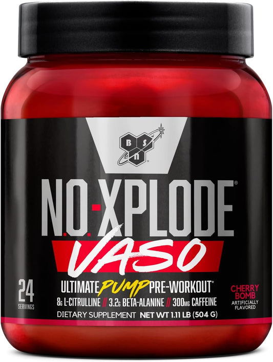 BSN N.O.-XPLODE Vaso Pre Workout Powder - Cherry Bomb Flavor, 8g L-Citrulline, 3.2g Beta-Alanine, Energy Boost - 24 Servings