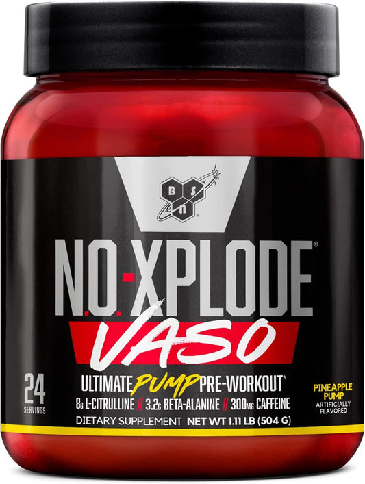 BSN N.O.-XPLODE Vaso Pre Workout Powder - Pineapple Pump Flavor, 8g L-Citrulline, 3.2g Beta-Alanine, Energy Boost - 24 Servings