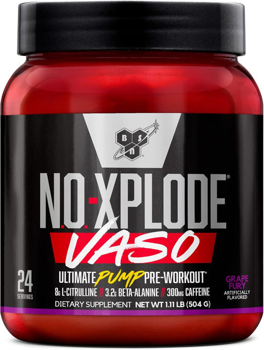 BSN N.O.-XPLODE Vaso Pre Workout Powder, Grape Fury Flavor, 24 Servings, 8g L-Citrulline, 3.2g Beta-Alanine, Energy Boost