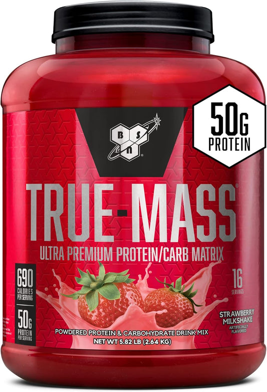BSN TRUE-MASS Strawberry Milkshake Weight Gainer Protein Powder - 5.82 Pound Jar