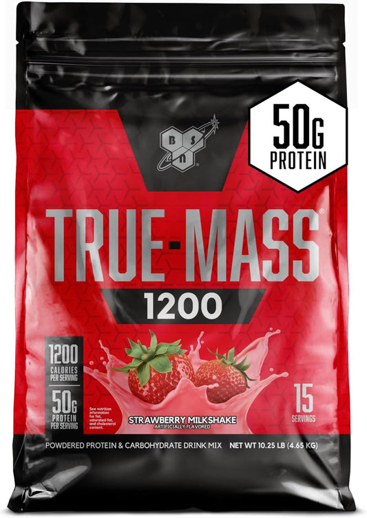 BSN TRUE-MASS Strawberry Milkshake Weight Gainer Protein Powder - 10.25 lb - Muscle Mass Gainer