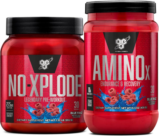 BSN Workout Bundle: NO XPLODE Pre Workout Powder + AMINO X Muscle Recovery Support, Blue Raz Flavor, 30 Servings Each