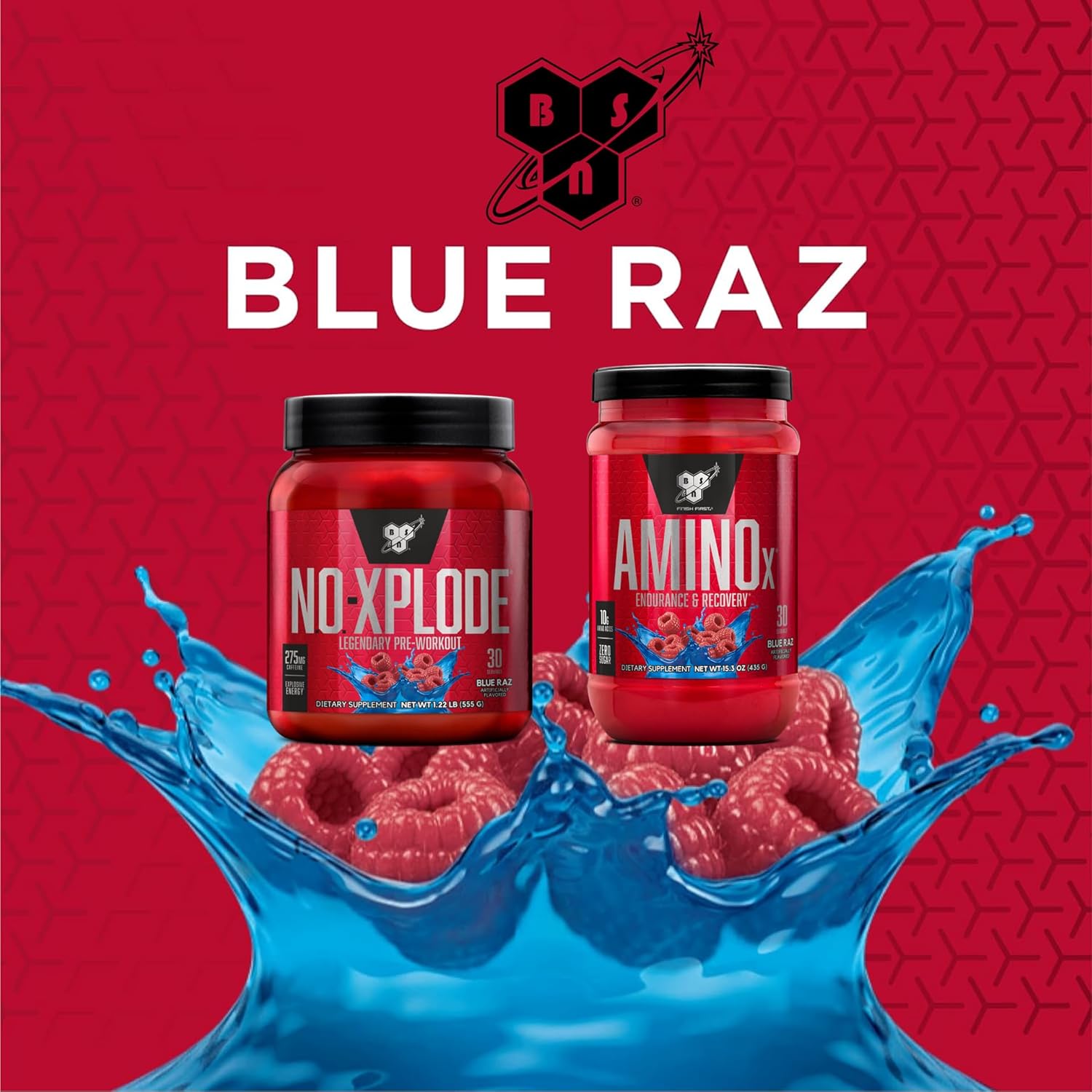 BSN Workout Bundle: NO XPLODE Pre Workout Powder + AMINO X Muscle Recovery Support, Blue Raz Flavor, 30 Servings Each