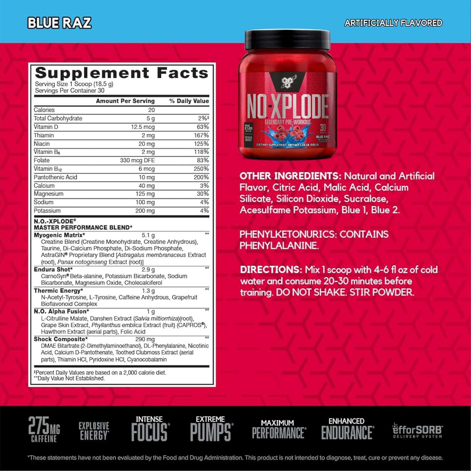 BSN Workout Bundle: NO XPLODE Pre Workout Powder + AMINO X Muscle Recovery Support, Blue Raz Flavor, 30 Servings Each