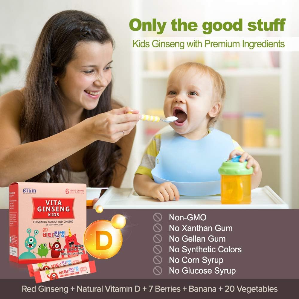 BTGIN Vita Ginseng Kids with Vitamin D, 7 Berries, Banana, 20 Vegetables, Milk Powder - Immune Support, Focus, Memory Boost - 30 Packets