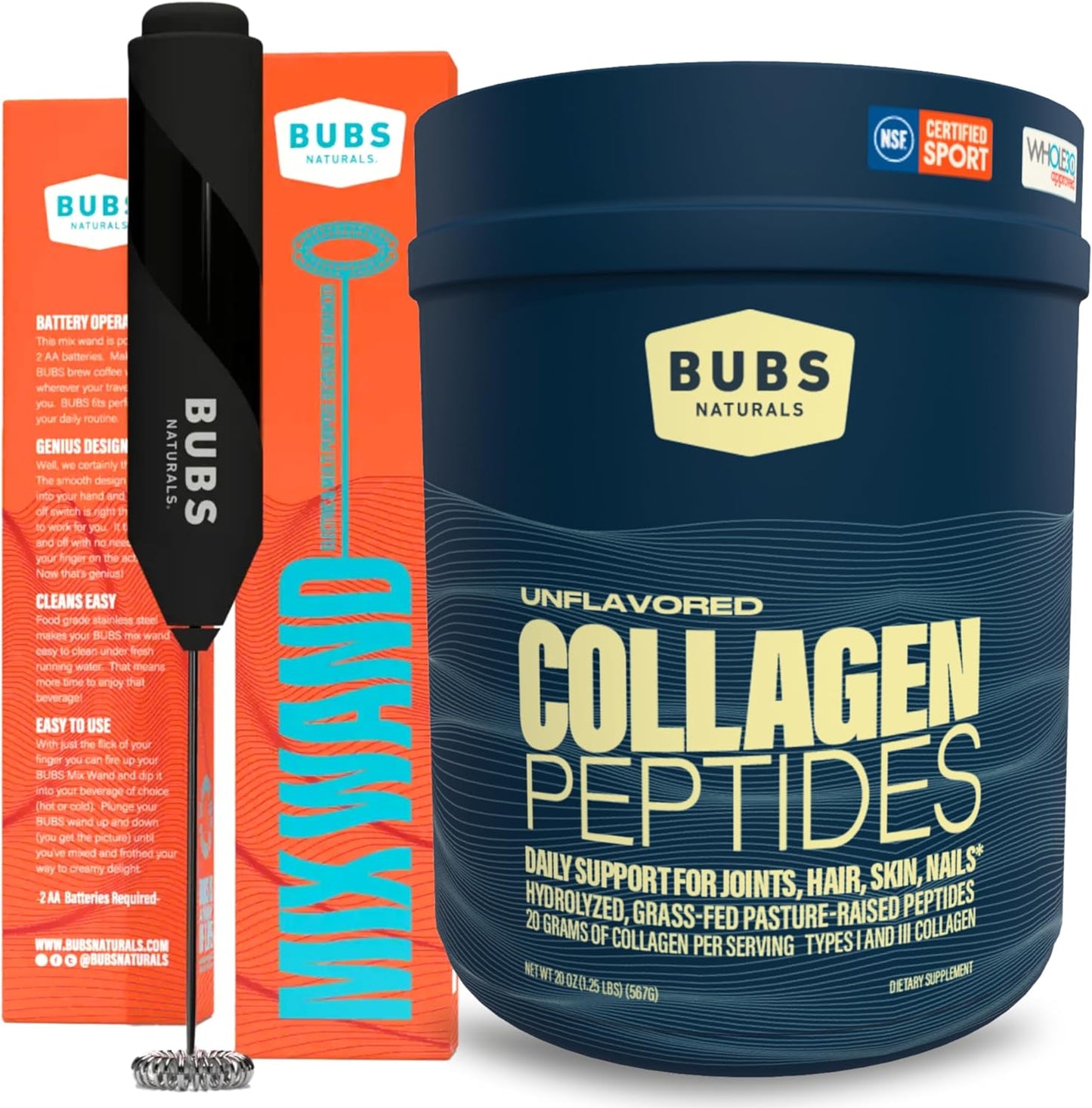 BUBS Naturals Collagen Peptides 20oz Container + Mix Wand Milk Frother - Grass-Fed, Keto & Whole30 Friendly