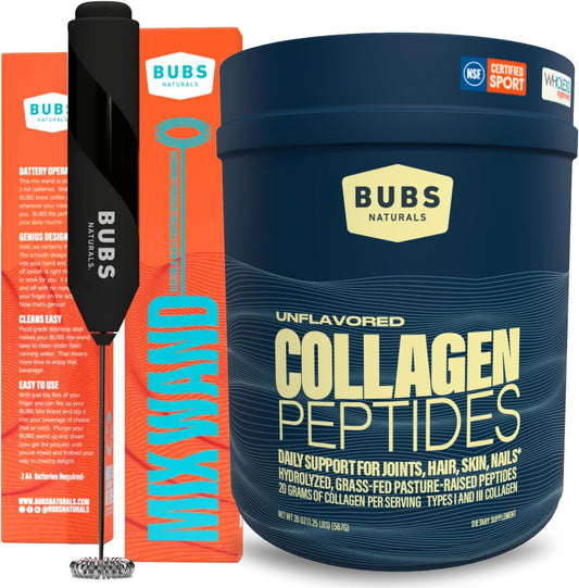 BUBS Naturals Collagen Peptides 20oz Container + Mix Wand Milk Frother - Grass-Fed, Keto & Whole30 Friendly