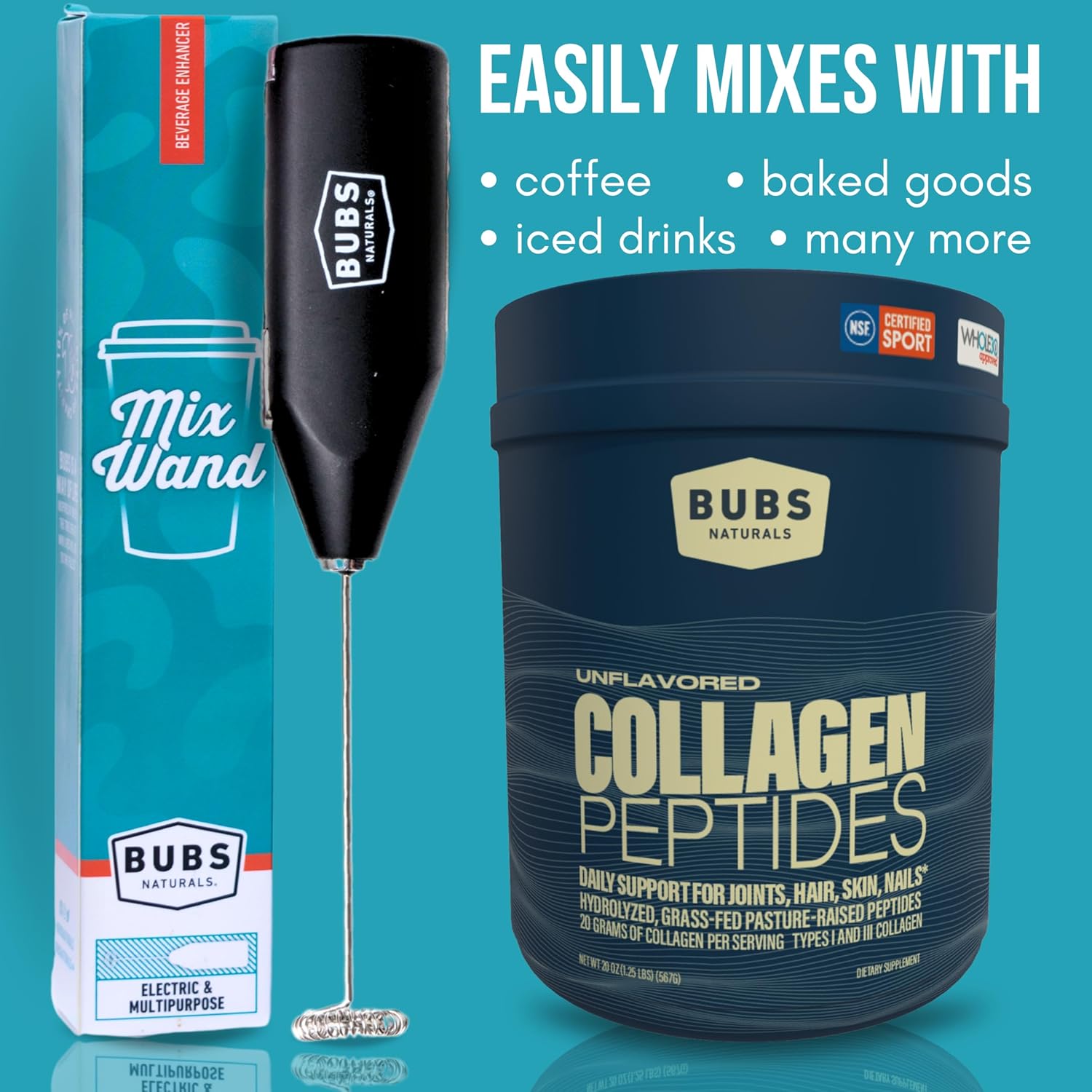 BUBS Naturals Collagen Peptides 20oz Container + Mix Wand Milk Frother - Grass-Fed, Keto & Whole30 Friendly
