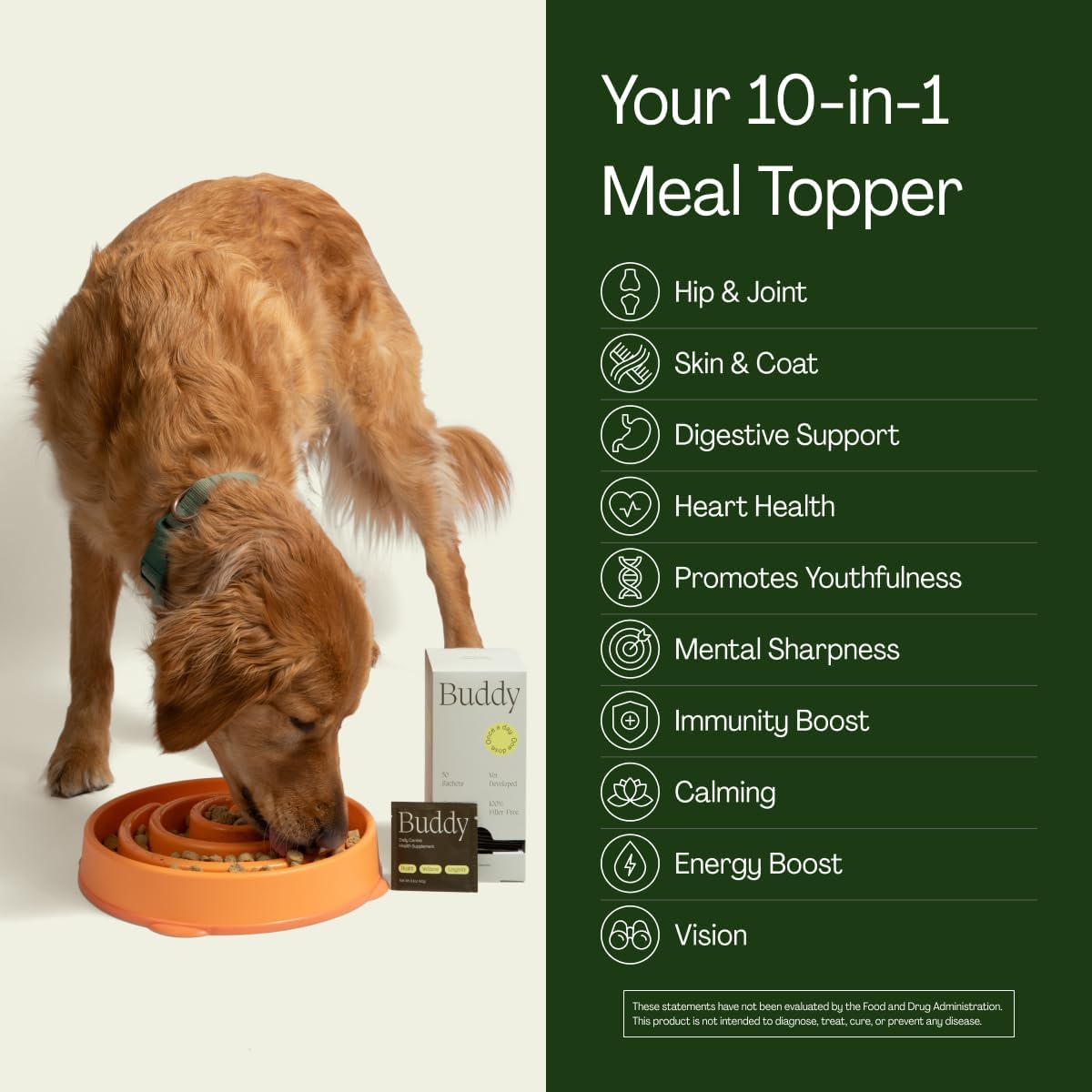 Buddy Pets 10-in-1 Daily Dog Multivitamin Supplement - 23 Active Ingredients for Hip & Joint, Skin & Coat, Digestion - Meal Topper with No Filler