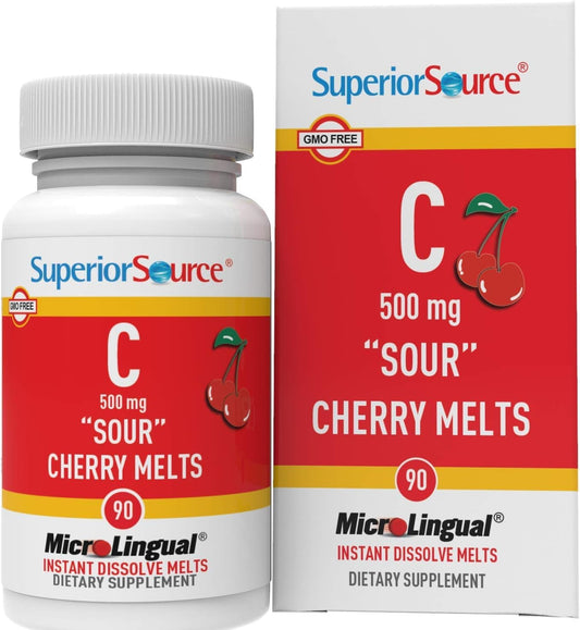 Buffered Vitamin C Sour Cherry Melts - 500 mg MicroLingual Tablets for Immune System Boost - Energy Vitamins - 90 Count